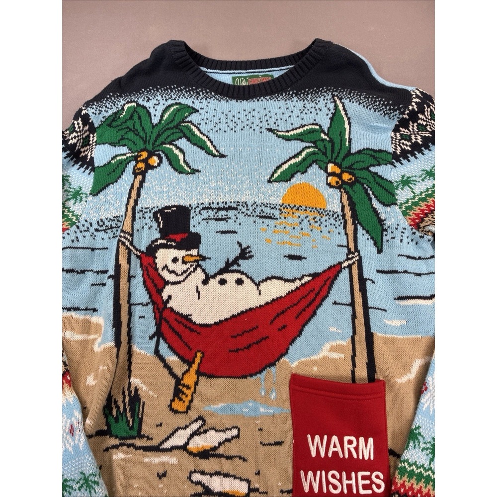 Men's Large Warm Wishes Ugly Christmas Sweater Hammock Snowman Drink Pouch XL